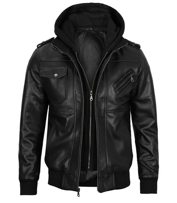 Men’s black hooded leather jacket with multiple zipper pockets – Livra Jackets