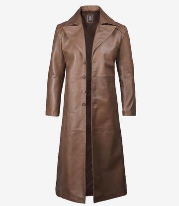 Full-length men’s brown leather trench duster – Livra Jackets