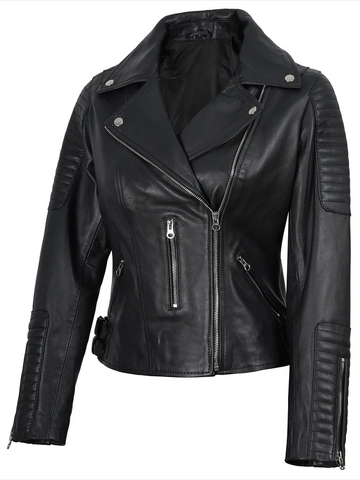 Women’s black leather biker jacket with zipper details – Livra Jackets
