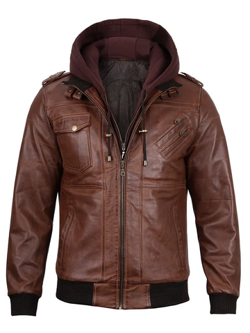 Men’s brown leather jacket with hoodie by Livra Jackets