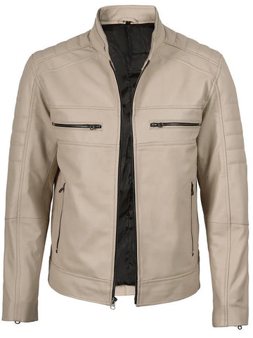 Men’s Beige Café Racer Leather Jacket – Slim Fit Quilted Design