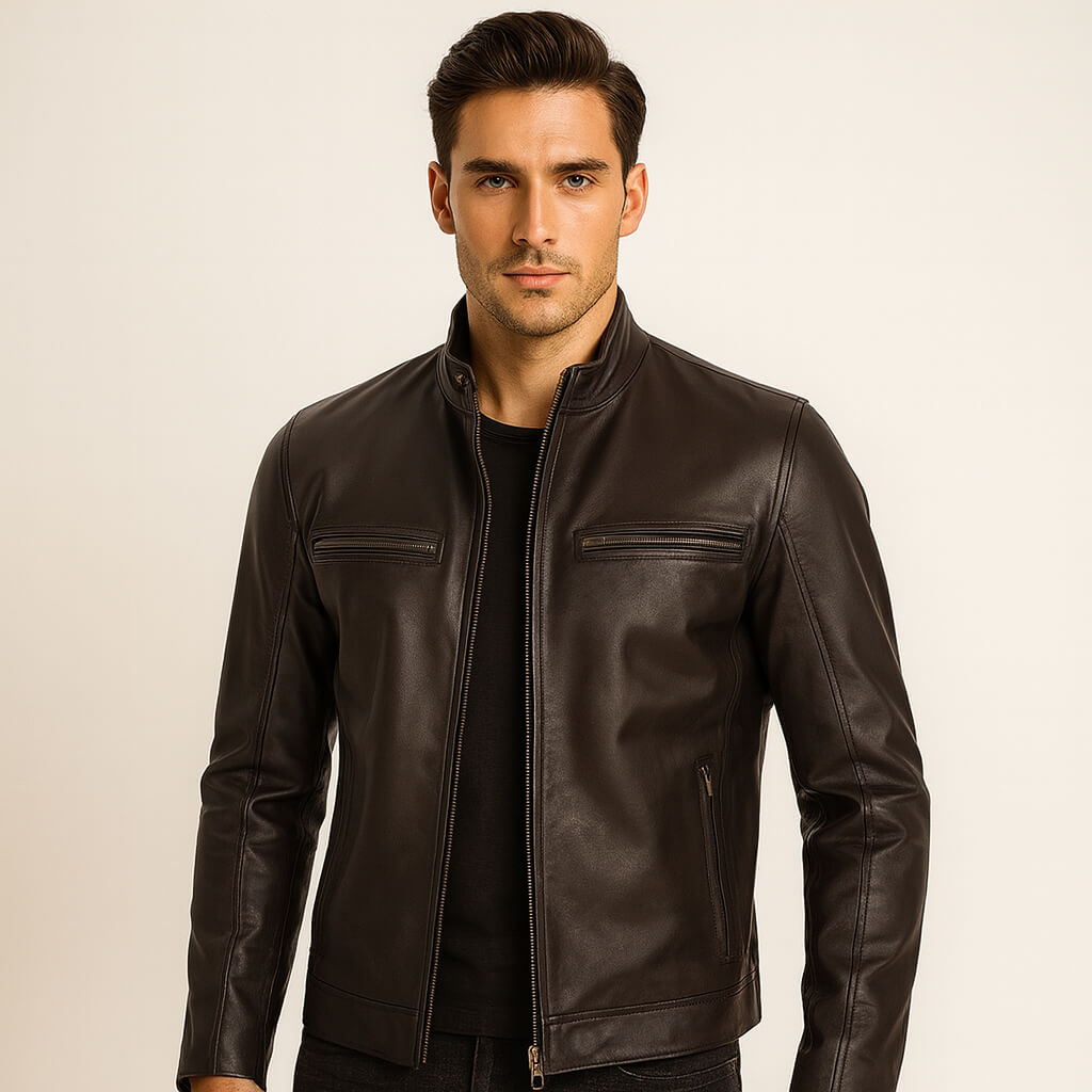 Stylish man wearing a fitted black leather jacket with front zipper pockets, standing against a neutral beige background