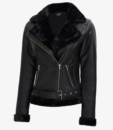 Women’s Warm Lined Black Shearling Leather Jacket