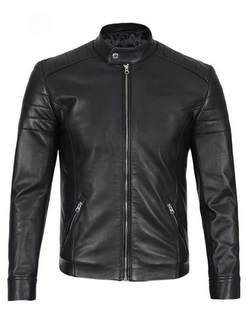 Front view of men’s black café racer leather jacket slim fit motorcycle style.”