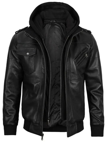 Men’s black hooded leather jacket front view – Livra Jackets