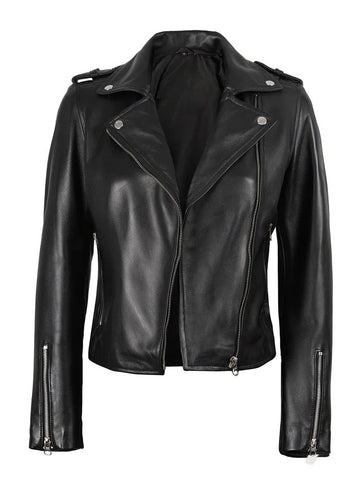 Women’s black asymmetrical biker leather jacket front open view