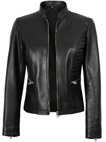 Women’s black biker leather jacket front view