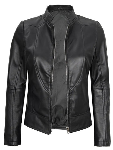 Women’s Black Café Racer Leather Jacket Open Front
