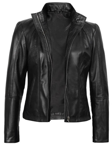 Women’s Black Café Racer Leather Jacket Front View