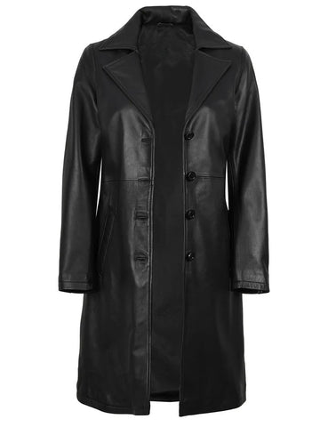 Women’s Black Leather Car Coat Front View