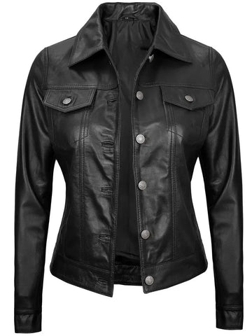 Women’s black trucker leather jacket front view – Livra Jackets