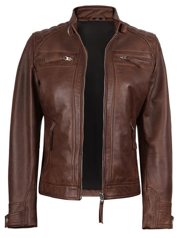 Women’s Brown Biker Leather Jacket Front View