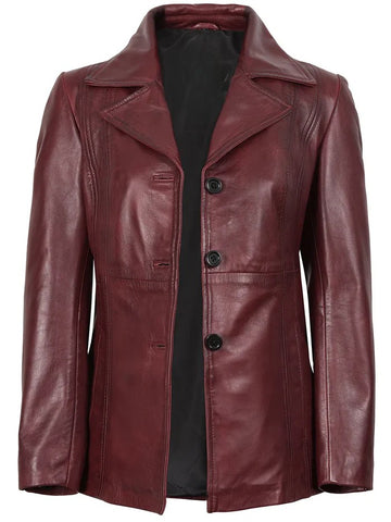 Women’s Burgundy Leather Blazer Front View
