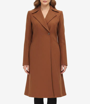 Front view of women’s camel brown wool coat with lapel collar and tailored fit