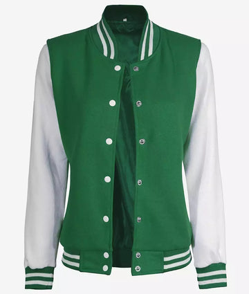 Women’s Green & White Varsity Jacket – Front Open
