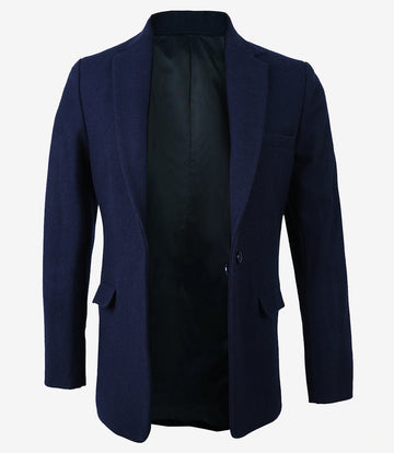 Open view of women’s navy wool blazer showing inner lining and structured design
