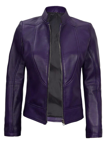 Women’s Purple Café Racer Leather Jacket Front Open View
