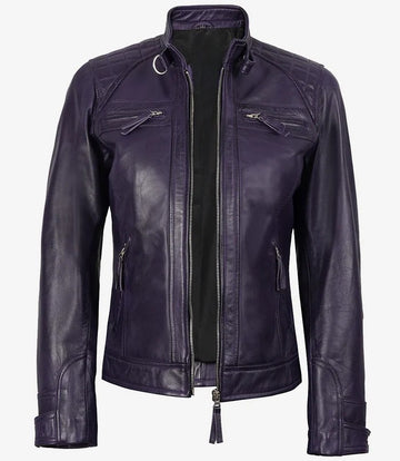 Women’s Real Leather Purple Café Racer Jacket Open Front
