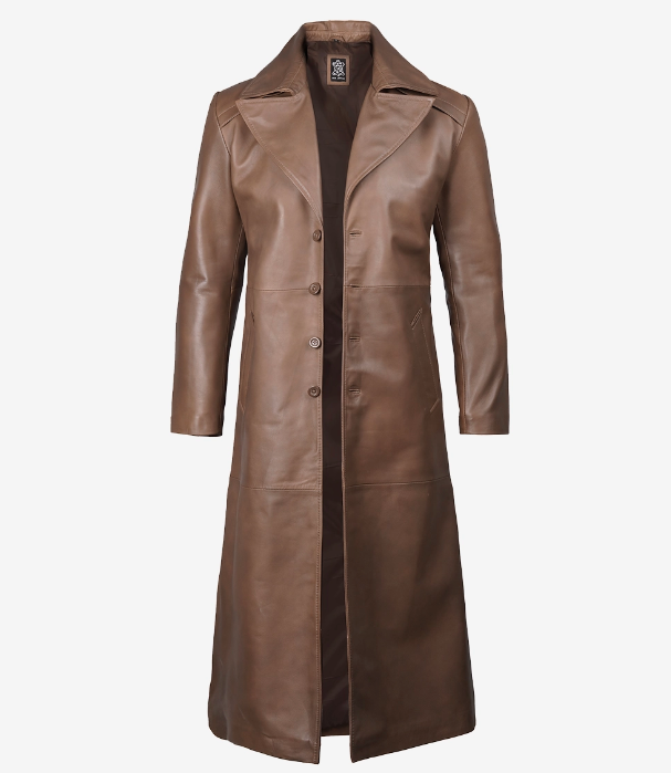 Full-length men’s brown leather trench duster – Livra Jackets