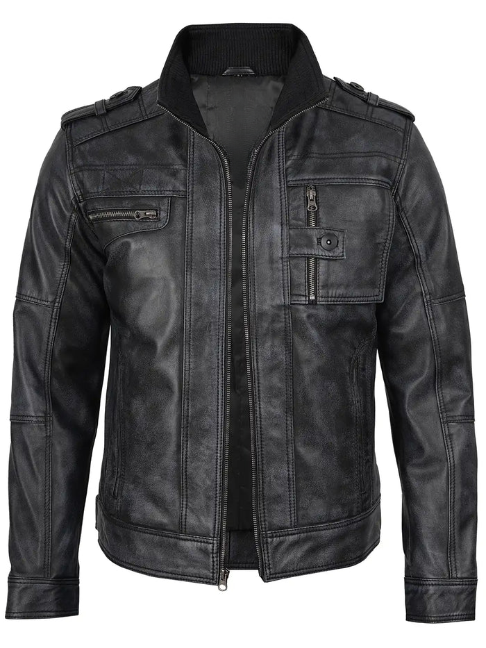 Men’s black biker leather jacket with zipper pockets – Livra Jackets