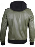 Back view of olive green leather bomber jacket with ribbed cuffs and hem
