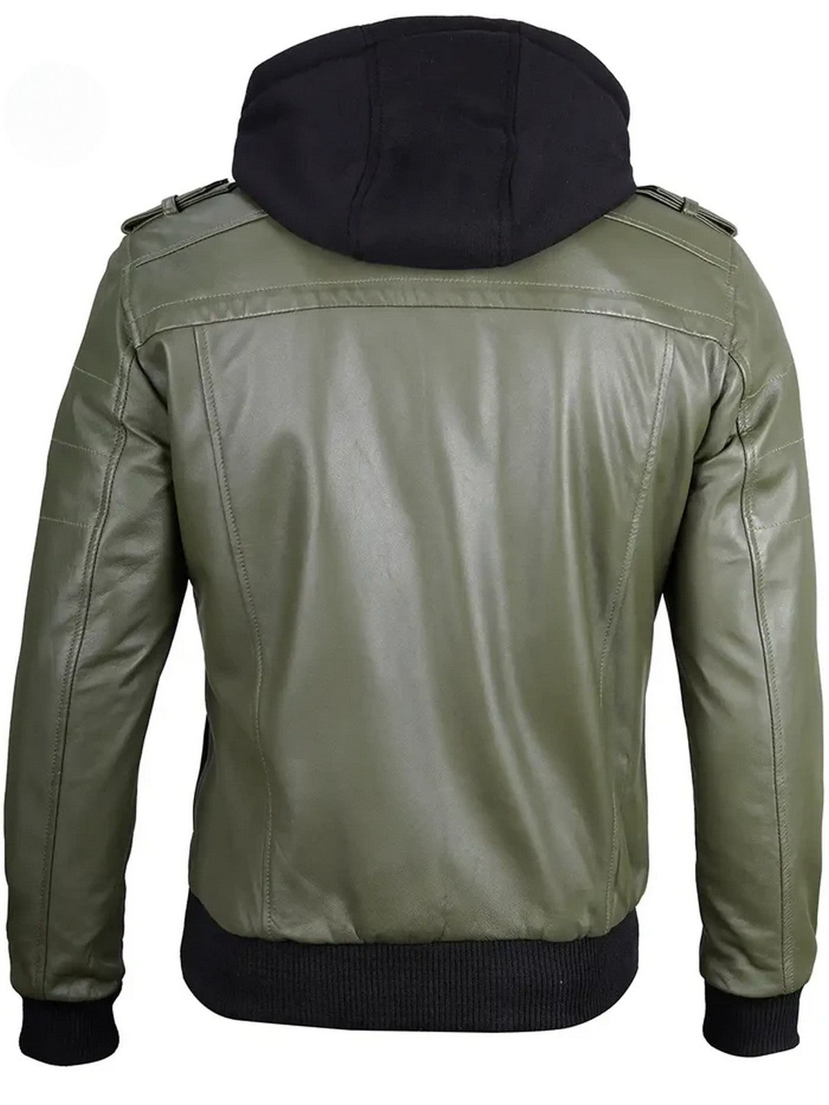 Back view of olive green leather bomber jacket with ribbed cuffs and hem
