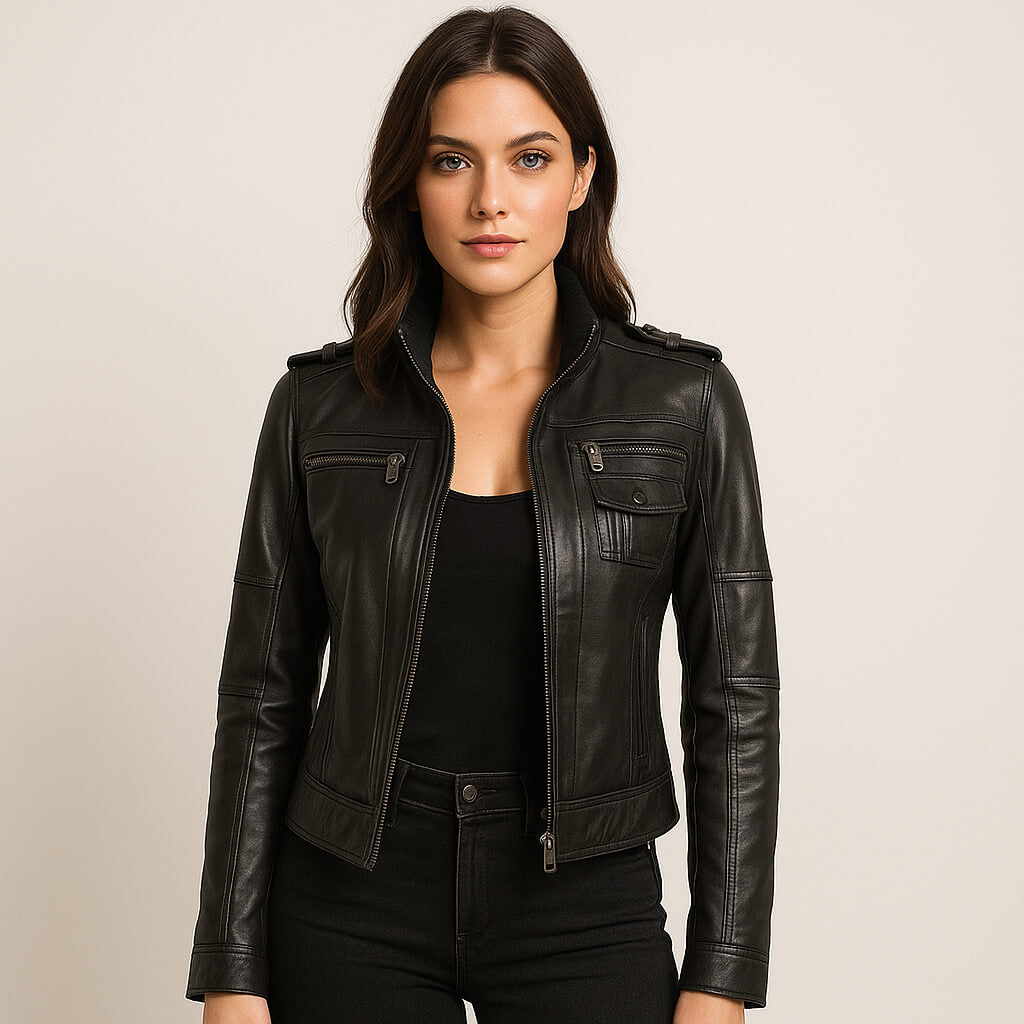 Confident woman wearing a fitted black leather jacket with zipper details and front pockets, posing against a plain beige background