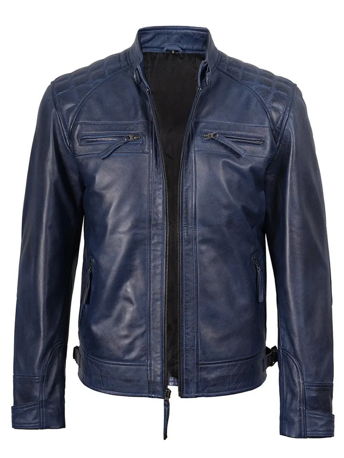 Men’s Blue Café Racer Leather Jacket – Slim Fit Motorcycle Style