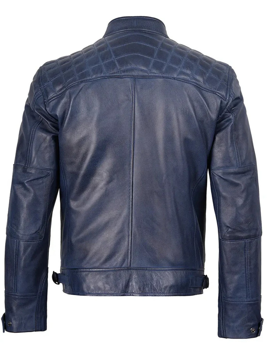 Men’s Blue Café Racer Leather Jacket – Slim Fit Motorcycle Style