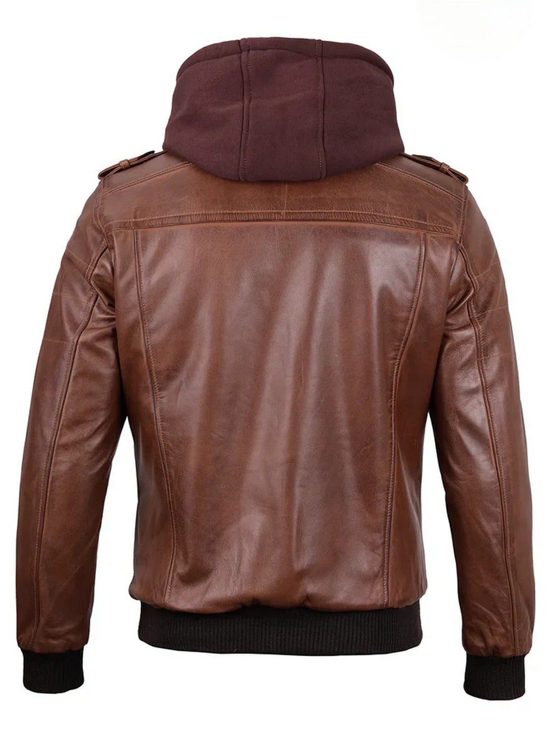 Men’s brown hooded leather jacket front view with zipper and pockets, Livra Jackets.