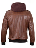  Back view of men’s brown hooded leather jacket with ribbed hem and cuffs.