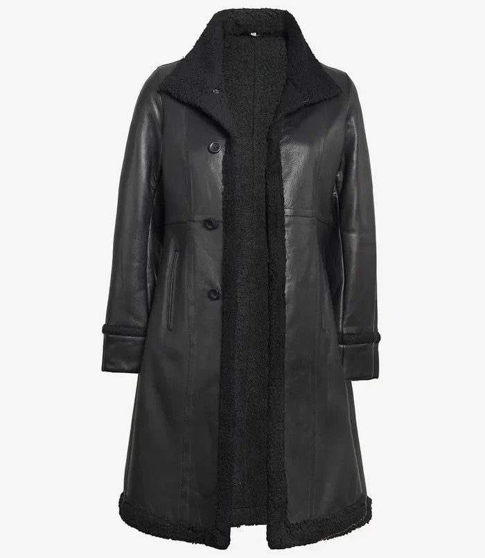 Women’s black shearling long coat with open front