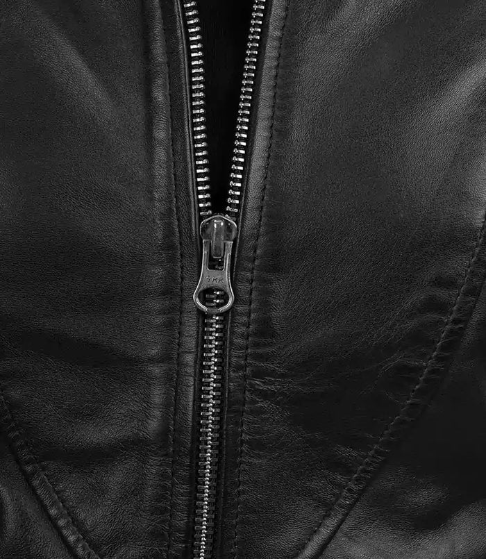 Close-Up of Zipper on Amy Black Café Racer Jacket