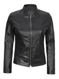 Amy Women’s Black Café Racer Leather Jacket Front View