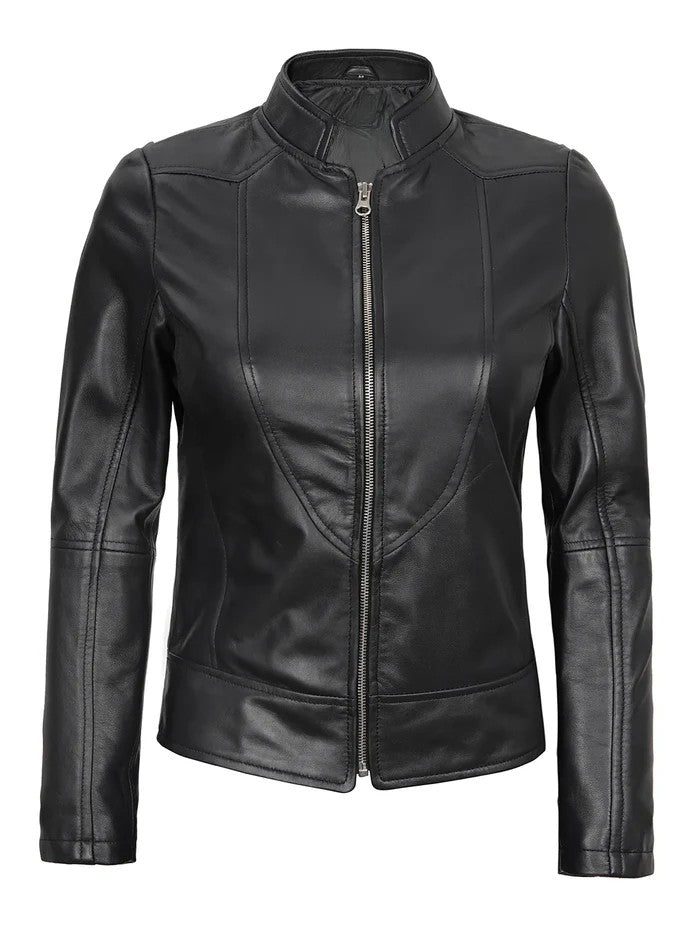 Amy Women’s Black Café Racer Leather Jacket Front View