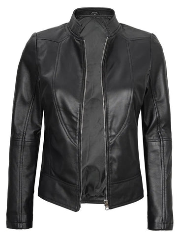 Amy Women’s Black Café Racer Leather Jacket – Genuine Leather Jacket | Livra Jackets