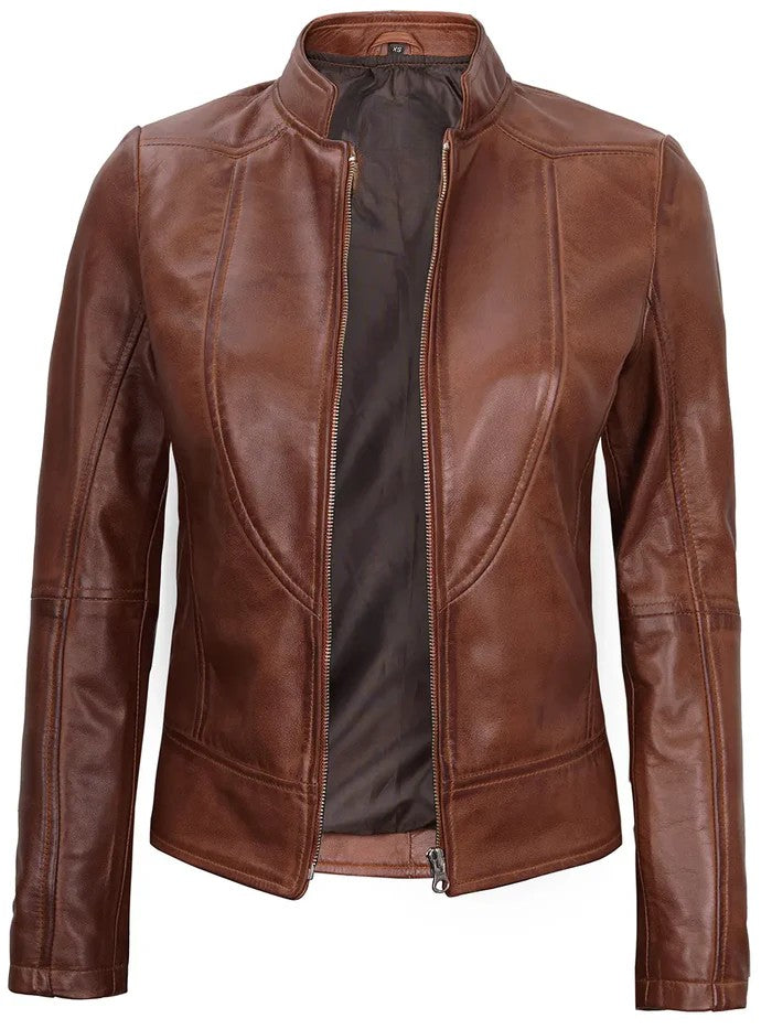 Amy Women’s Brown Leather Jacket with Zipper Open