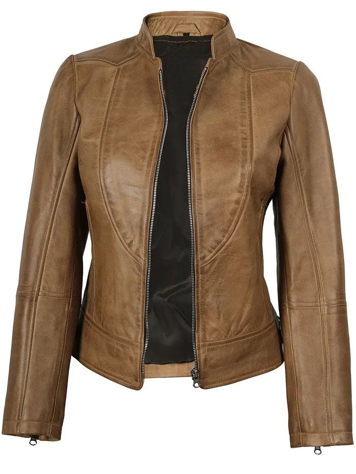 Amy Women’s Camel Leather Moto Jacket – Genuine Leather Jacket | Livra Jackets