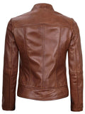 Amy Women’s Cognac Brown Café Racer Leather Jacket – Genuine Leather Jacket | Livra Jackets