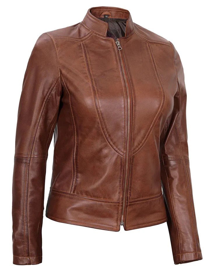 Amy Women’s Cognac Brown Café Racer Leather Jacket – Genuine Leather Jacket | Livra Jackets