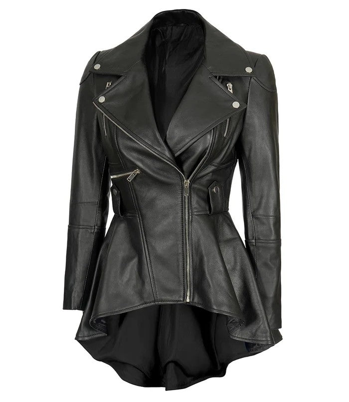 Asymmetrical zip black leather peplum jacket for women