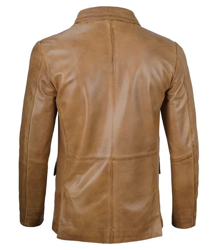Men’s Camel Brown Leather Blazer – Front View