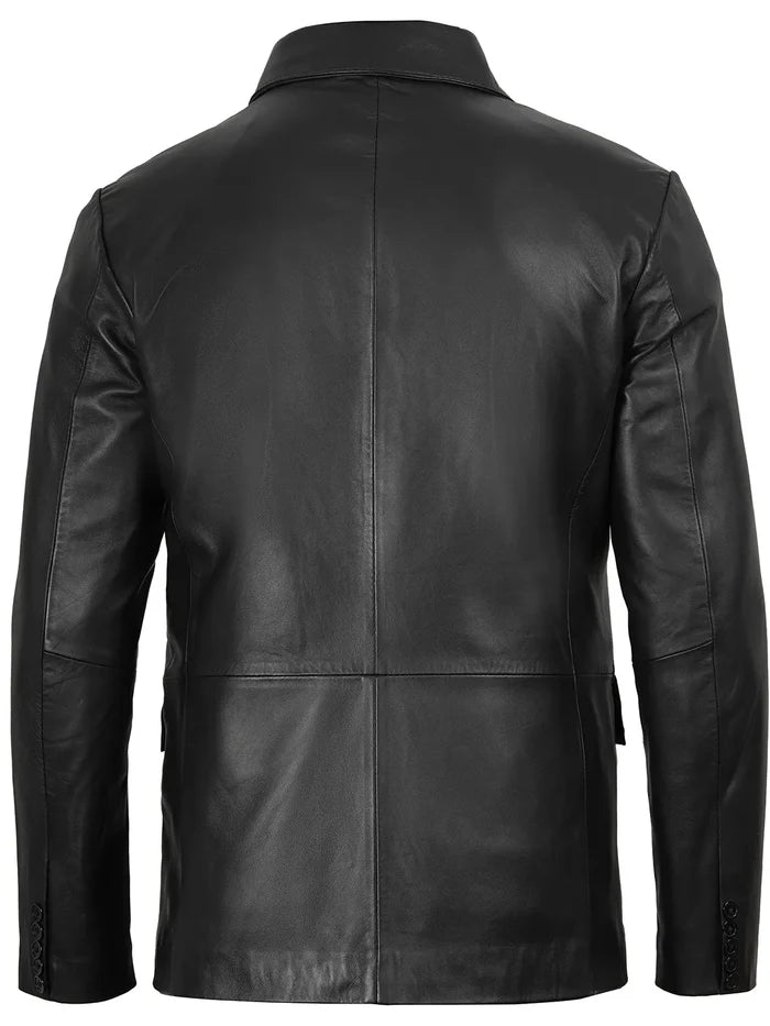 Men’s Black Leather Blazer – Front View