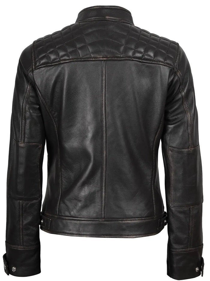 Women’s Rub Off Brown Quilted Leather Jacket Front Open Look