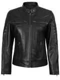 Black Café Racer Leather Jacket with Zipper Pockets