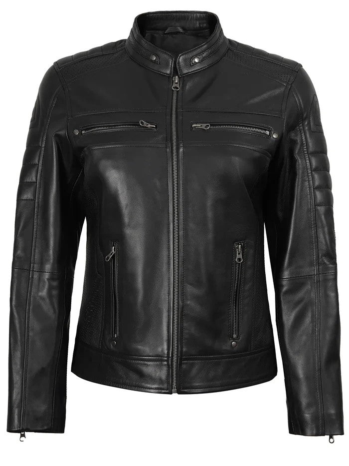 Black Café Racer Leather Jacket with Zipper Pockets