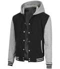 Side angle of Black & Grey Baseball Letterman Jacket with hood