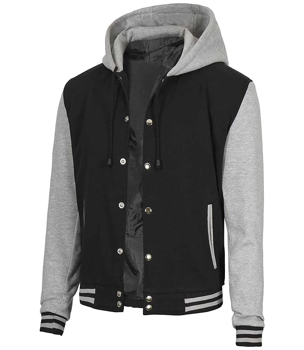 Side angle of Black & Grey Baseball Letterman Jacket with hood
