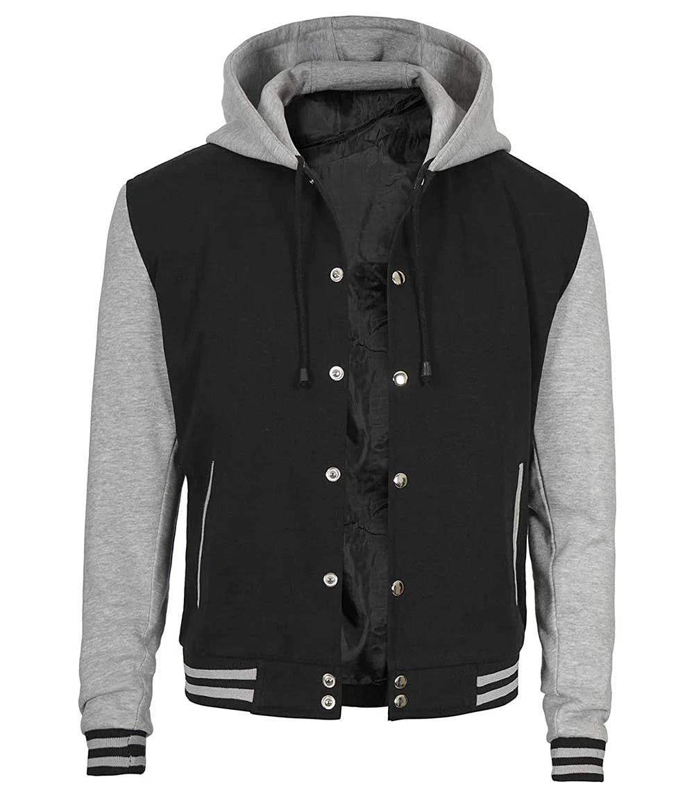 Black & Grey Hooded Varsity Jacket – Baseball Style Letterman | Livra Jackets – Genuine Leather Jacket | Livra Jackets