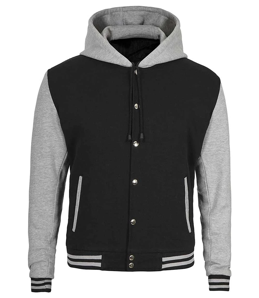 Front view of Black & Grey Hooded Varsity Jacket – Livra Jackets
